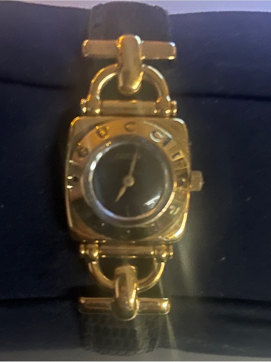Gucci Accessories - Gucci Vintage 6300L Gold-Tone Square Case Watch w Black Dial & Leather